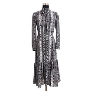 NWT Michael Kors XS Snakeskin Print Midi Dress Tie Neck Belted Ruffle Hem